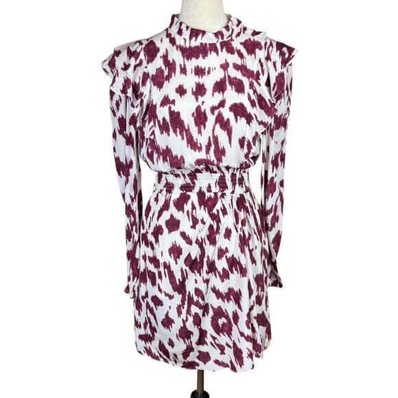 Isabel Marant Etoile 38 White Maroon Tie Dye 100% Silk Long Sleeve Ruffle Dress - Picture 1 of 13